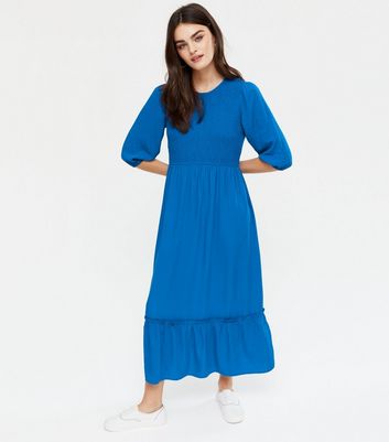 Blue Shirred Frill Hem Midi Dress | New ...